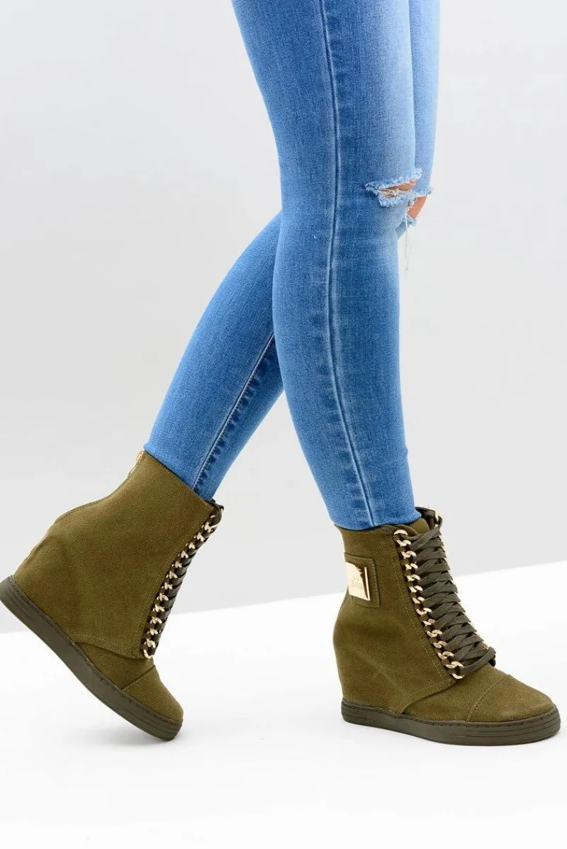 Outlet Boto Damskie Sneakersy Lu Boo Z Łańcuchami Zamszowe Oliwkowe Monica