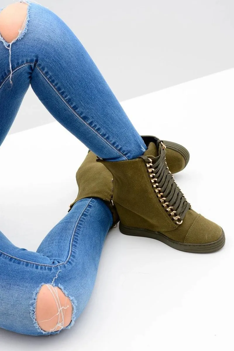 Outlet Boto Damskie Sneakersy Lu Boo Z Łańcuchami Zamszowe Oliwkowe Monica