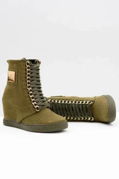 Outlet Boto Damskie Sneakersy Lu Boo Z Łańcuchami Zamszowe Oliwkowe Monica