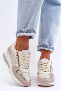 Sale Damskie Sneakersy Na Koturnie Beżowo-Białe Sivan Damskie Sneakersy Damskie