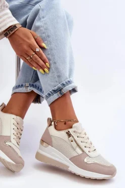 Sale Damskie Sneakersy Na Koturnie Beżowo-Białe Sivan Damskie Sneakersy Damskie