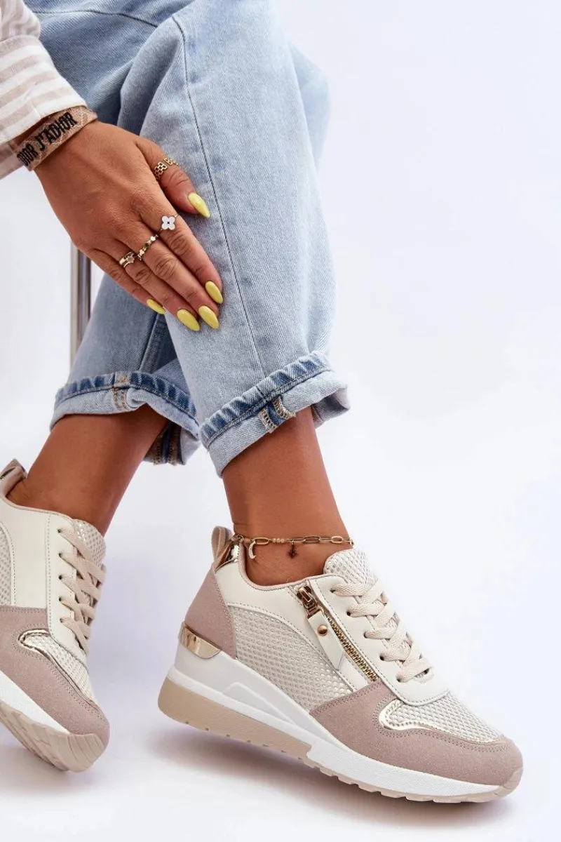Sale Damskie Sneakersy Na Koturnie Beżowo-Białe Sivan Damskie Sneakersy Damskie
