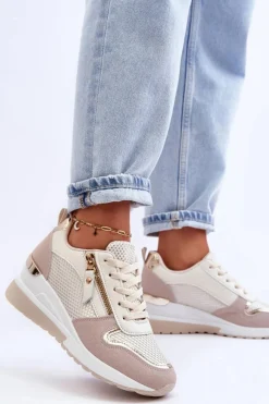 Sale Damskie Sneakersy Na Koturnie Beżowo-Białe Sivan Damskie Sneakersy Damskie