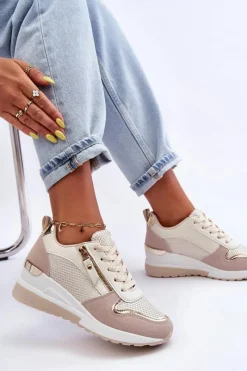 Sale Damskie Sneakersy Na Koturnie Beżowo-Białe Sivan Damskie Sneakersy Damskie