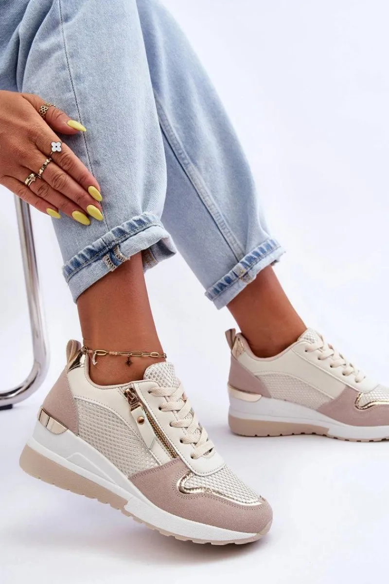 Sale Damskie Sneakersy Na Koturnie Beżowo-Białe Sivan Damskie Sneakersy Damskie