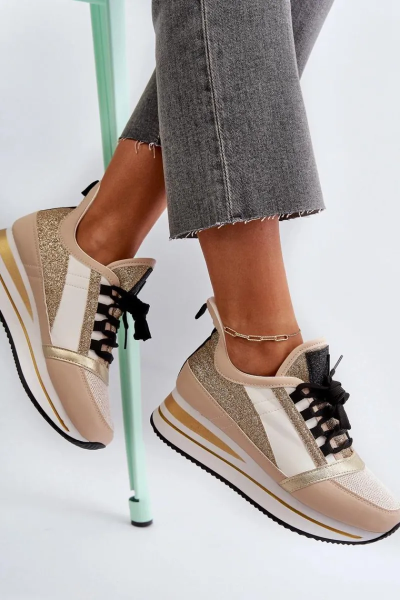 Best Boto Damskie Sneakersy Na Koturnie I Platformie Z Brokatem Złote Rafani