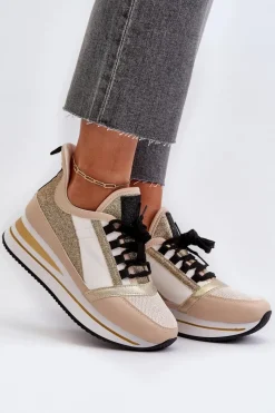 Best Boto Damskie Sneakersy Na Koturnie I Platformie Z Brokatem Złote Rafani