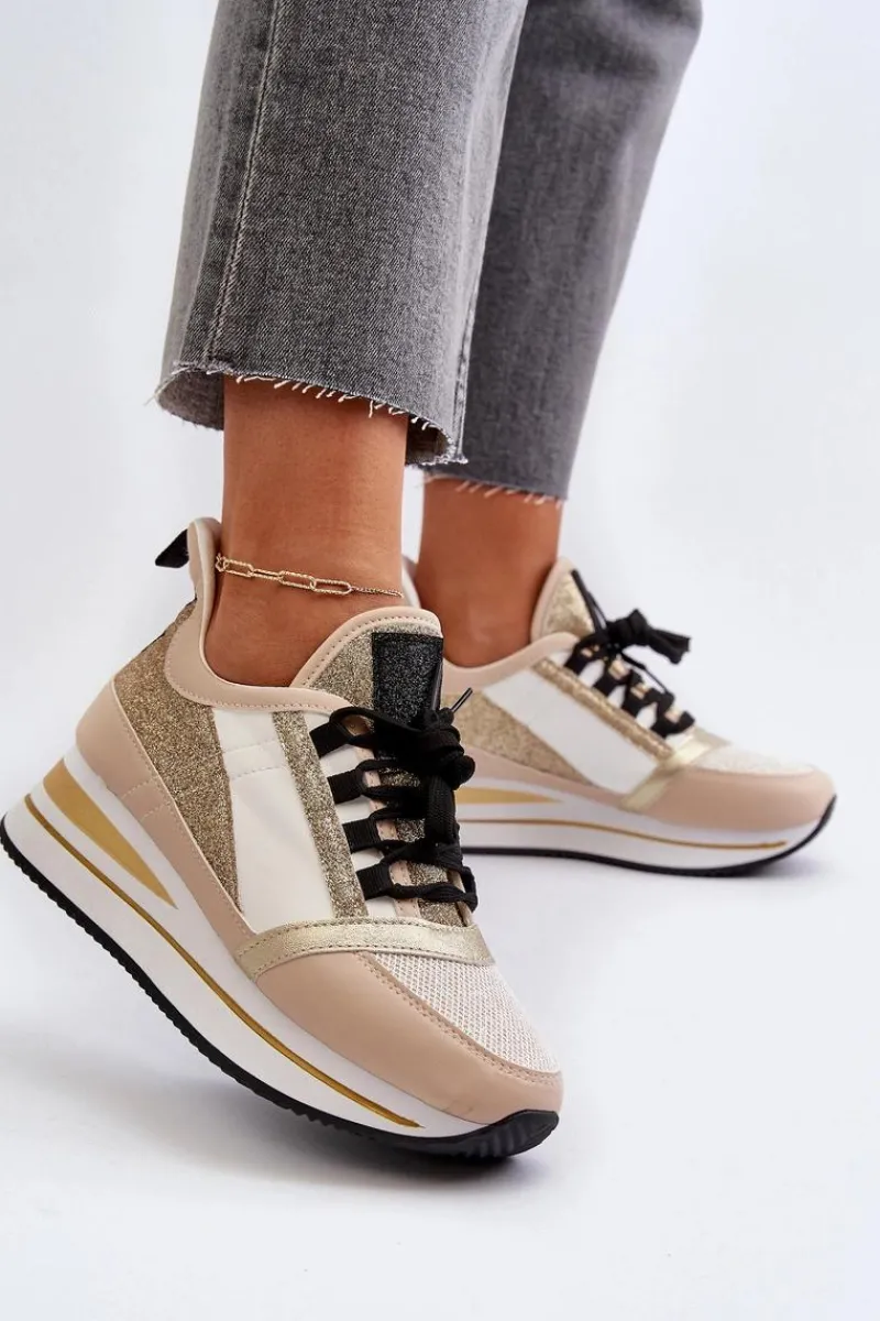 Best Boto Damskie Sneakersy Na Koturnie I Platformie Z Brokatem Złote Rafani