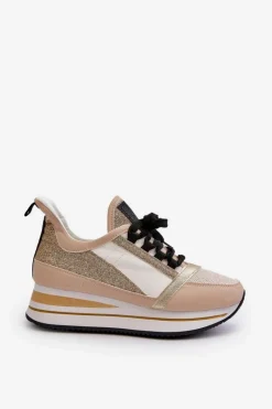 Best Boto Damskie Sneakersy Na Koturnie I Platformie Z Brokatem Złote Rafani