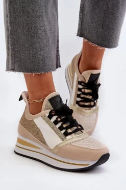 Best Boto Damskie Sneakersy Na Koturnie I Platformie Z Brokatem Złote Rafani