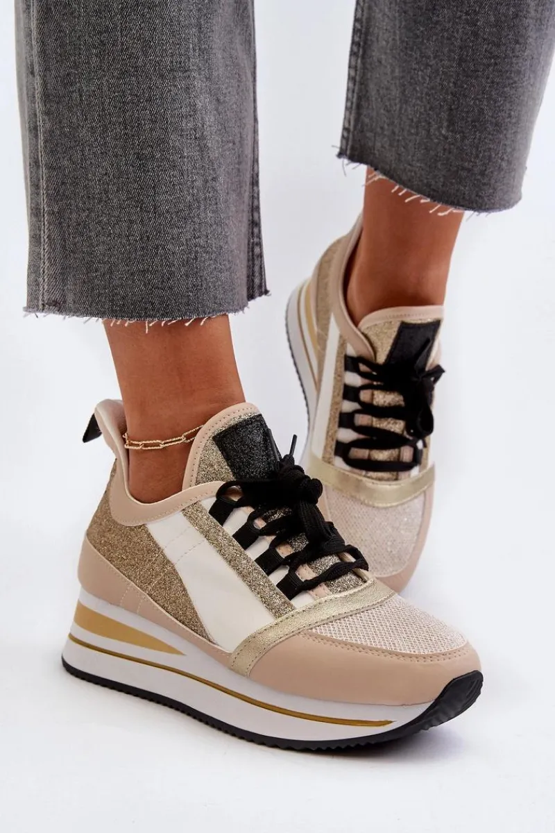 Best Boto Damskie Sneakersy Na Koturnie I Platformie Z Brokatem Złote Rafani
