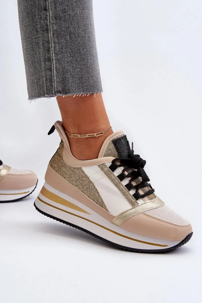 Best Boto Damskie Sneakersy Na Koturnie I Platformie Z Brokatem Złote Rafani