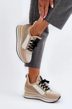 Best Boto Damskie Sneakersy Na Koturnie I Platformie Z Brokatem Złote Rafani