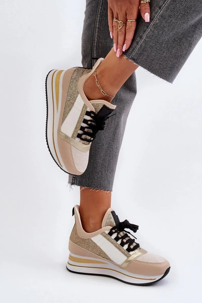 Best Boto Damskie Sneakersy Na Koturnie I Platformie Z Brokatem Złote Rafani