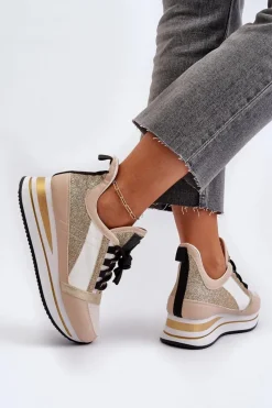 Best Boto Damskie Sneakersy Na Koturnie I Platformie Z Brokatem Złote Rafani
