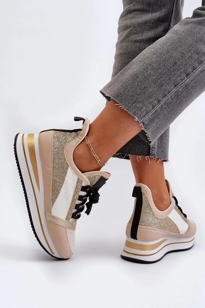 Best Boto Damskie Sneakersy Na Koturnie I Platformie Z Brokatem Złote Rafani