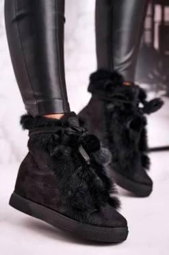 New Boto Damskie Sneakersy Na Koturnie z Futerkiem Czarne Pretty