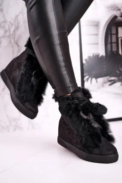 New Boto Damskie Sneakersy Na Koturnie z Futerkiem Czarne Pretty