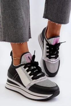 Sneakersy Damskie>Boto Damskie Sneakersy Na Koturnie I Platformie Z Brokatem Czarne Rafani
