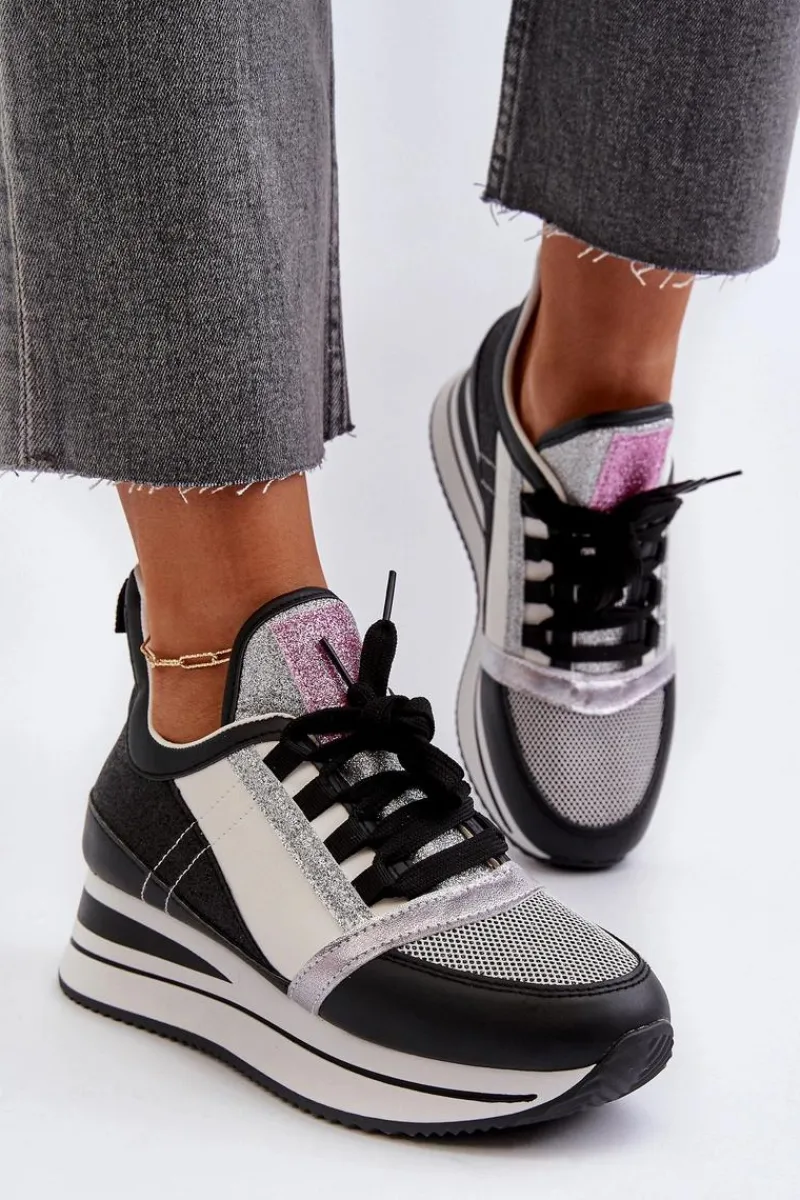 Sneakersy Damskie>Boto Damskie Sneakersy Na Koturnie I Platformie Z Brokatem Czarne Rafani