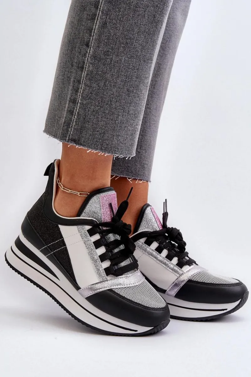 Sneakersy Damskie>Boto Damskie Sneakersy Na Koturnie I Platformie Z Brokatem Czarne Rafani