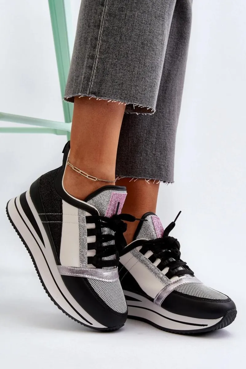 Sneakersy Damskie>Boto Damskie Sneakersy Na Koturnie I Platformie Z Brokatem Czarne Rafani