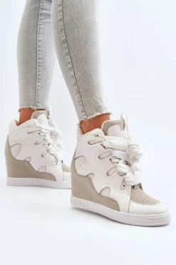 Outlet Boto Damskie Sneakersy Na Koturnie Białe Leoppa