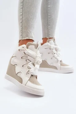 Outlet Boto Damskie Sneakersy Na Koturnie Białe Leoppa