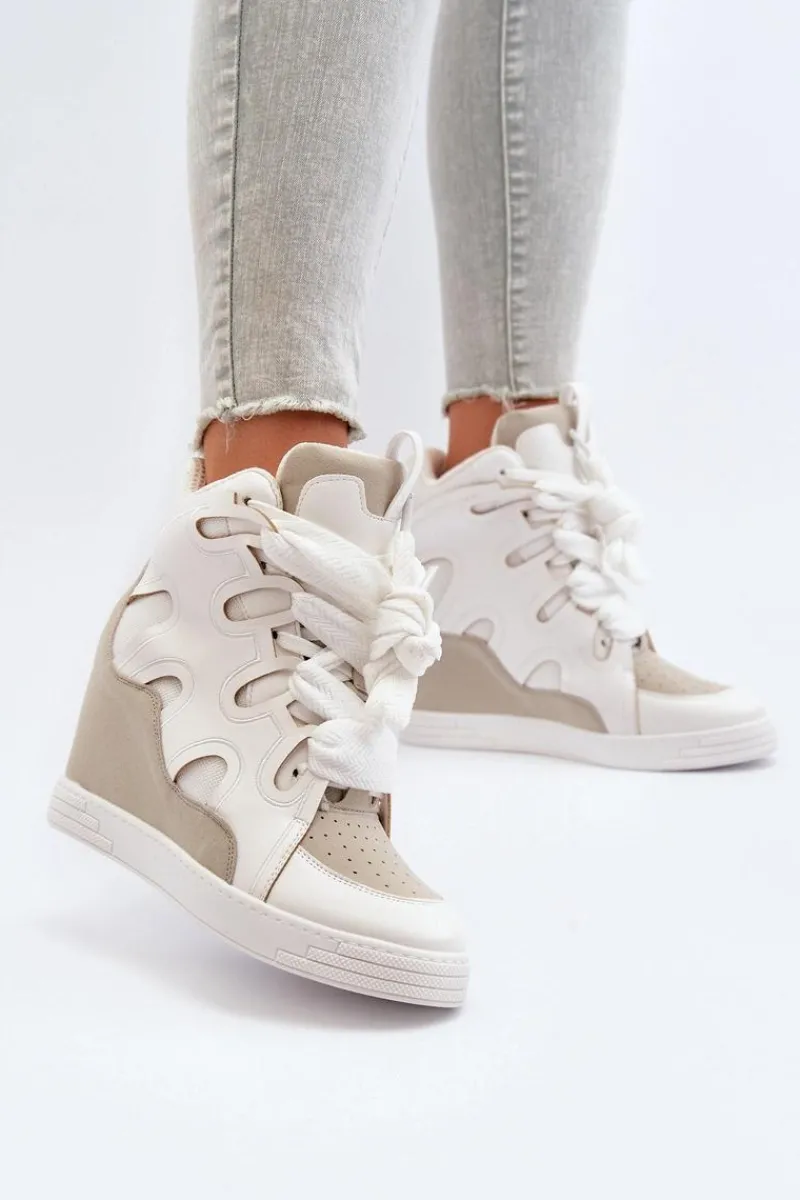 Outlet Boto Damskie Sneakersy Na Koturnie Białe Leoppa