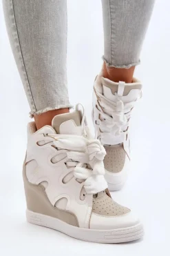 Outlet Boto Damskie Sneakersy Na Koturnie Białe Leoppa