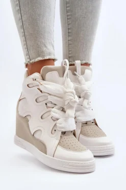 Outlet Boto Damskie Sneakersy Na Koturnie Białe Leoppa