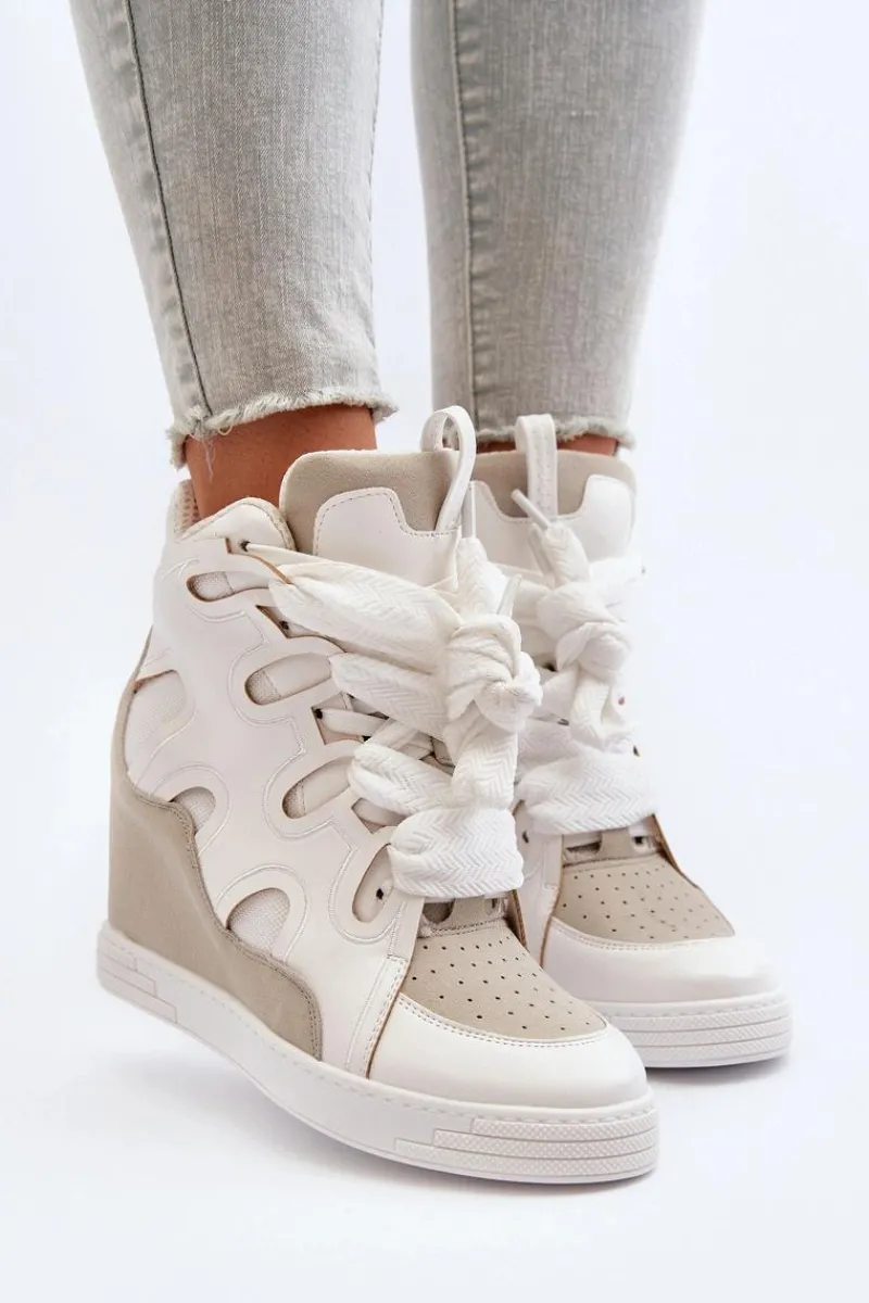 Outlet Boto Damskie Sneakersy Na Koturnie Białe Leoppa