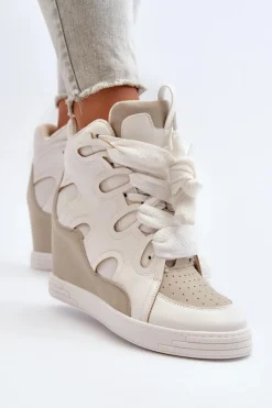 Outlet Boto Damskie Sneakersy Na Koturnie Białe Leoppa