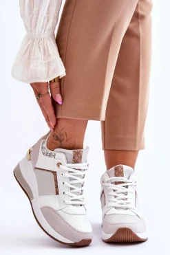 Outlet Boto Damskie Sneakersy Na Koturnie Białe Chevre