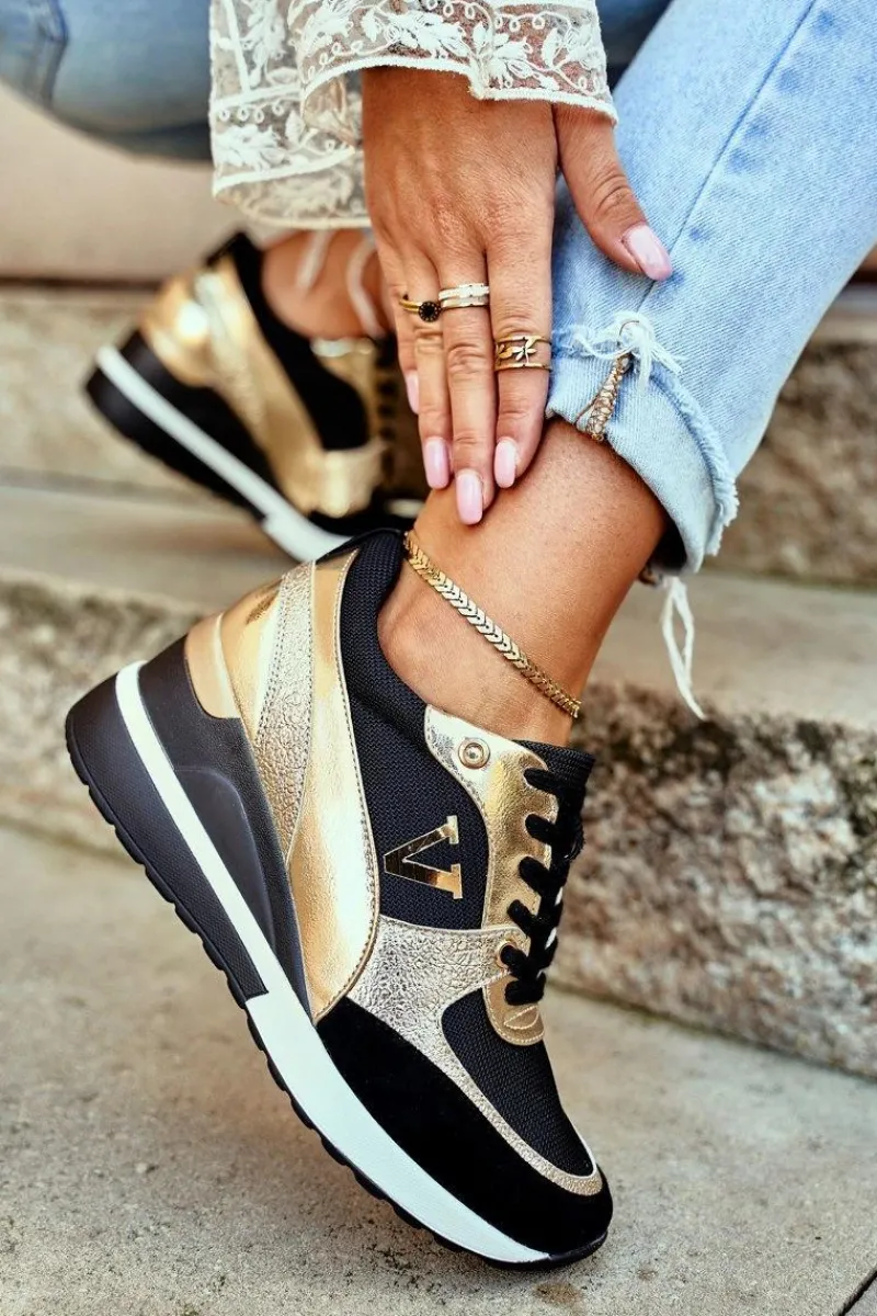 Sneakersy Damskie>Buty damskie Vinceza Damskie Sneakersy Na Koturnie Czarno Złote Isla