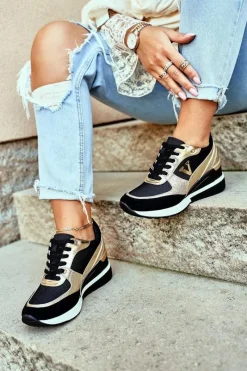 Sneakersy Damskie>Buty damskie Vinceza Damskie Sneakersy Na Koturnie Czarno Złote Isla