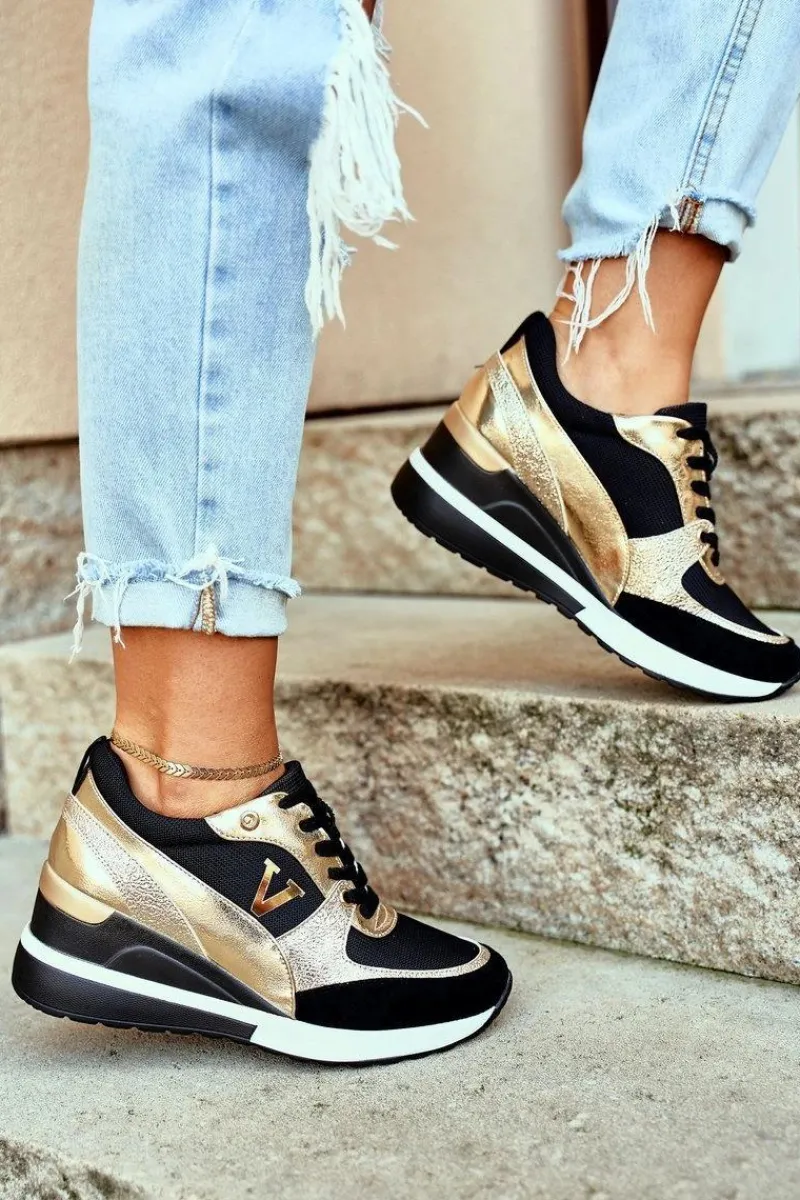 Sneakersy Damskie>Buty damskie Vinceza Damskie Sneakersy Na Koturnie Czarno Złote Isla