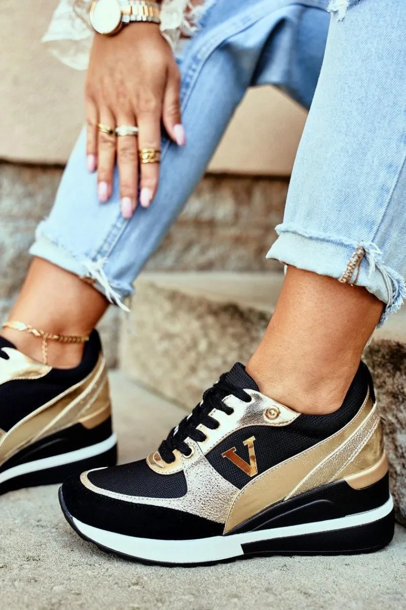 Sneakersy Damskie>Buty damskie Vinceza Damskie Sneakersy Na Koturnie Czarno Złote Isla