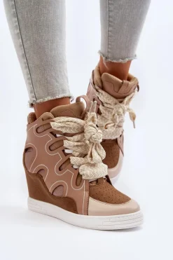 New Damskie Sneakersy Na Koturnie Beżowe Leoppa Damskie Sneakersy Damskie