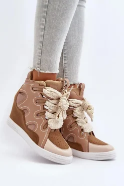 New Damskie Sneakersy Na Koturnie Beżowe Leoppa Damskie Sneakersy Damskie