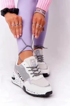 Sneakersy Damskie>Evento Damskie Sneakersy Na Koturnie Białe Z Brokatem Avery