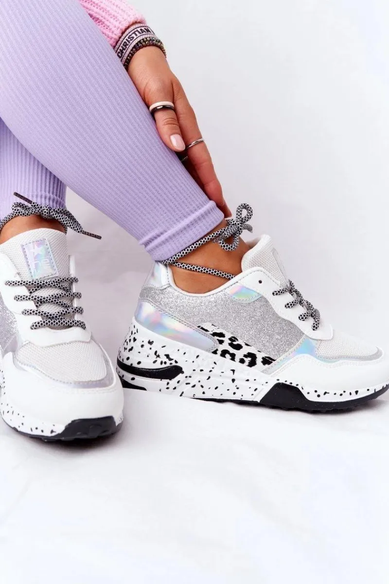 Sneakersy Damskie>Evento Damskie Sneakersy Na Koturnie Białe Z Brokatem Avery