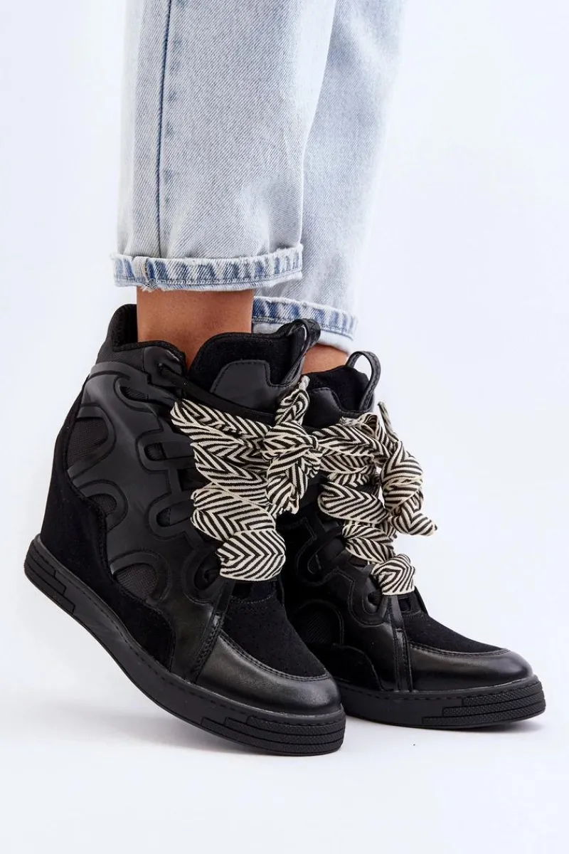 Sneakersy Damskie>Boto Damskie Sneakersy Na Koturnie Czarne Leoppa