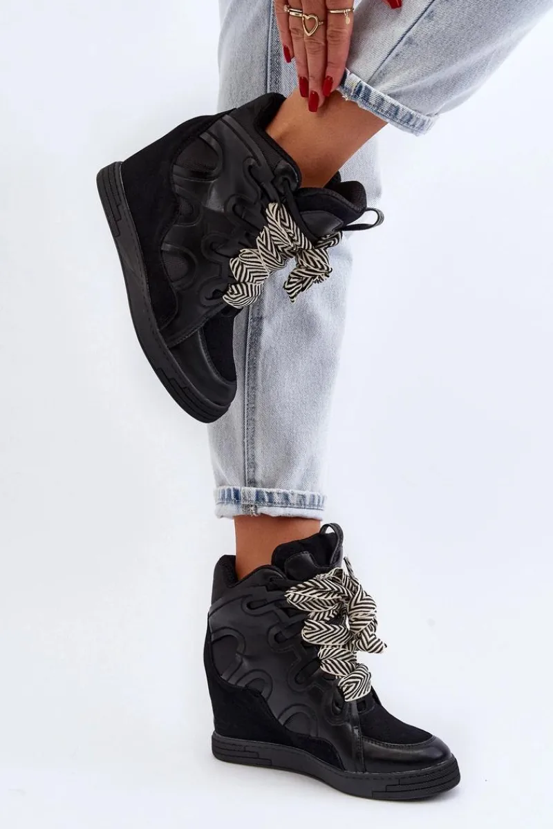 Sneakersy Damskie>Boto Damskie Sneakersy Na Koturnie Czarne Leoppa