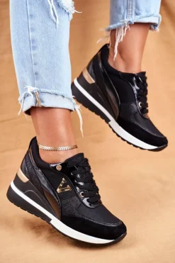 New Damskie Sneakersy Na Koturnie Czarne Isla Damskie Sneakersy Damskie