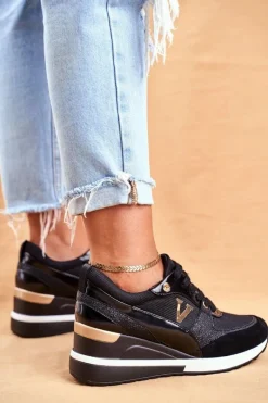 New Damskie Sneakersy Na Koturnie Czarne Isla Damskie Sneakersy Damskie