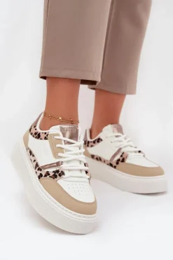 Buty Sportowe Big Star|Sneakersy Damskie>Big Star Shoes Damskie Sneakersy Na Platformie Big Star SS274357 Panterka Biało-Beżowe