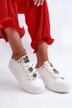 Sneakersy Damskie|Buty Sportowe Na Platformie>Boto Damskie Sneakersy Na Platformie Z Przypinkami Sercami Białe Azamia