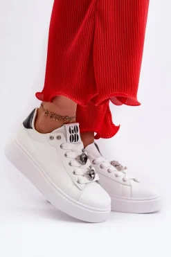Sneakersy Damskie|Buty Sportowe Na Platformie></noscript>Boto Damskie Sneakersy Na Platformie Z Przypinkami Sercami Białe Azamia