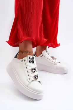 Sneakersy Damskie|Buty Sportowe Na Platformie></noscript>Boto Damskie Sneakersy Na Platformie Z Przypinkami Sercami Białe Azamia